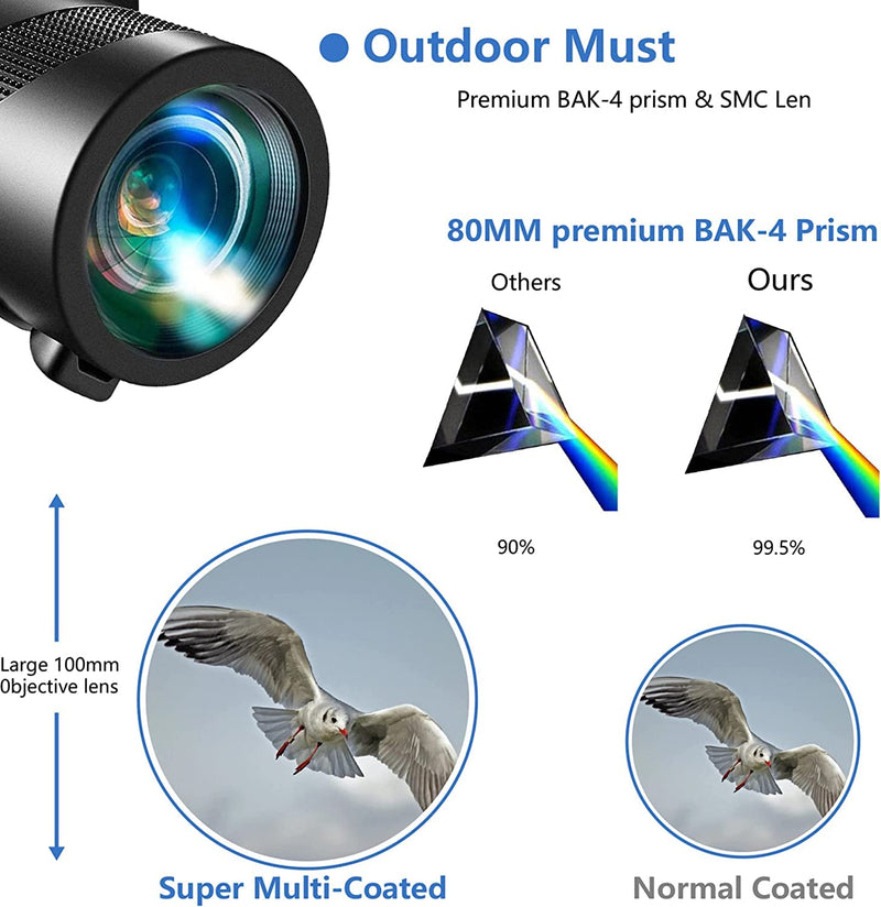 80X100 Monoculars for Adults High Power Monocular Telescope for Smartphone Wildlife Bird Watching Hunting Camping Travel Scenery with Smartphone Holder & Tripod black-a