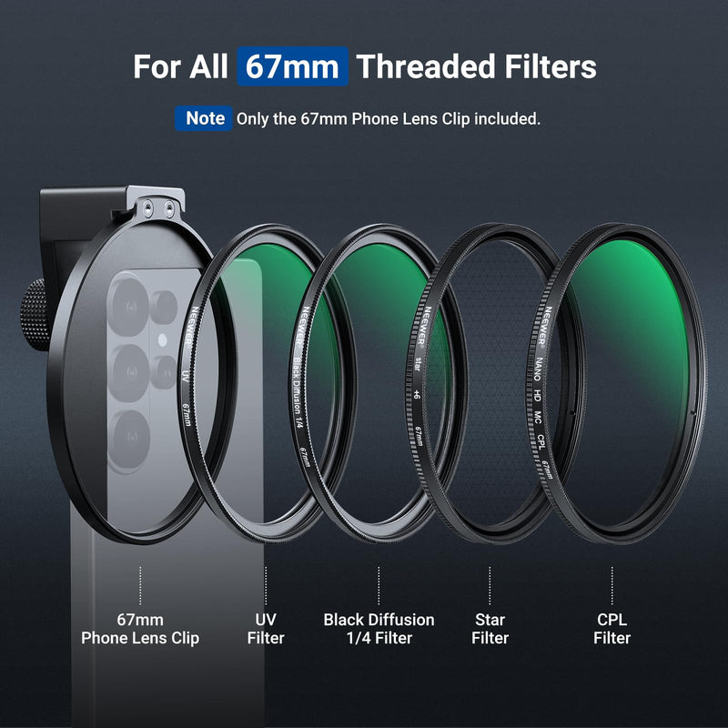 NEEWER 67mm Phone Filter Clip, Cold Shoe Mount Lens Filter Clamp Mobile Photography Accessories, Compatible with iPhone 17 Pro Max 16 Pro Max Air 17e 16e Android Samsung S26 Ultra, LA009