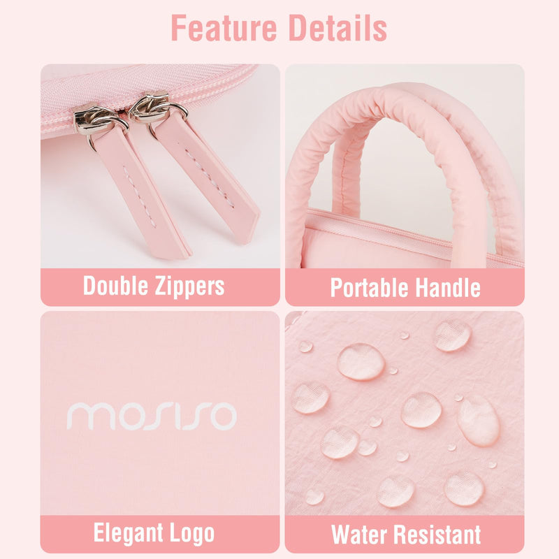 MOSISO Laptop Bag 16 inch, 15-15.6 inch Puffy Laptop Sleeve | Compatible with MacBook Pro 16/Air 15,HP Acer Dell, Messenger Briefcase Quilted Bag with Trolley Sleeve&Flower Pendant, Pink 15.6 inch