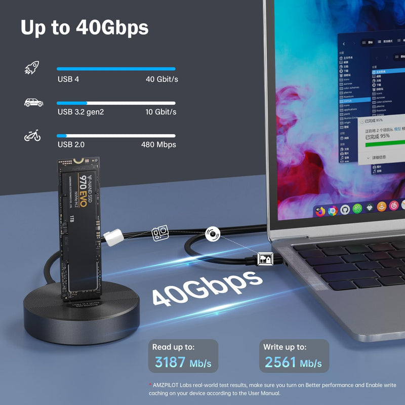 40Gbps USB 4 M.2 NVMe SSD to USB C Docking Station, M.2 SSD to USB C Reader Adapter for M.2 M Key, B+M Key PCIE NVMe SSD Dock, Size for 22110 2280 2260 2242 2230 Enclosure - Aluminum Alloy Pilot C50D-R
