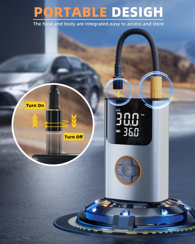 Tire Inflator Portable Air Compressor, Bike Pump, 150PSI Air Pump for Car Tires with LCD Dual Screen and Digital Tire Pressure Gauge, Air Compressor for Bicycle, Motorcycle, Compact Car, Ball Silver