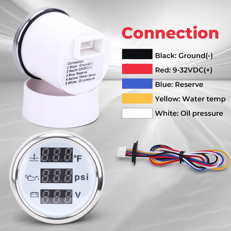 3 in 1 Gauge Kit 52mm Digital Oil Pressure Gauge, Water Temperature Gauge, Voltmeter for Car Truck Boat RV Motorcycle, Automotive Gauge Kit with Oil Pressure Sensor, Universal 12V (RED3) RED3