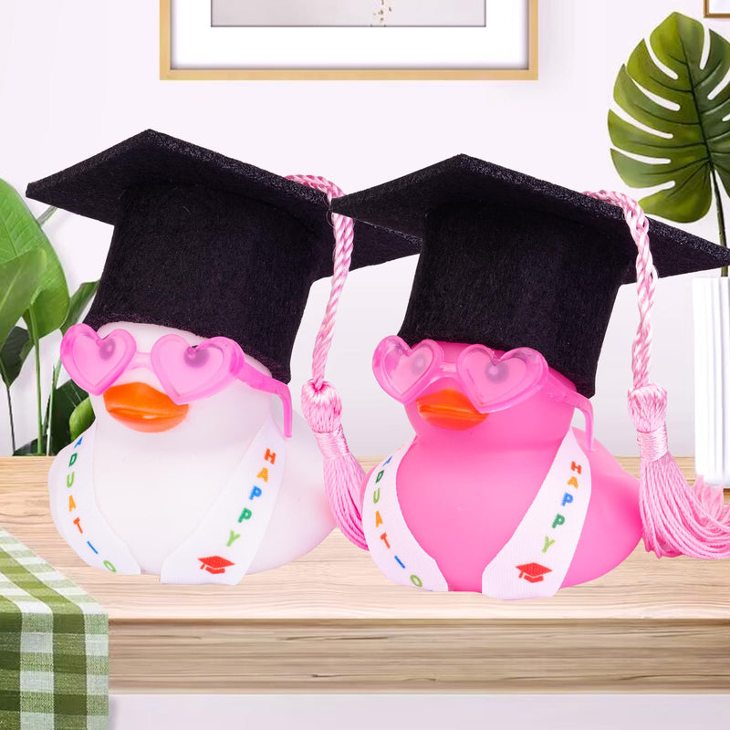 Graduation Rubber Duck Car Ornaments, Duck Car Dashboard Decorations for Graduation Gift with Mini Sunglasses Graduate Hat and Sash(G4) G4-white-pink