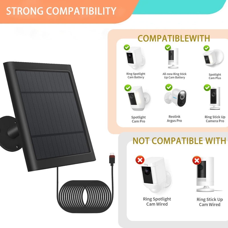 Solar Panel Outdoor for Ring Cameras With 10ft/3m Cable, 1-Pack, Compatible With Spotlight Cam Plus/Pro, Ring Stick Up Cam/Pro Battery, Spotlight Battery Dark Black