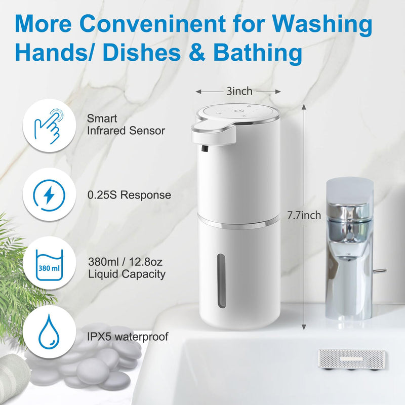 Automatic Foaming Soap Dispenser, 4-Level Adjustable Foam, Wall Mount, USB Rechargeable, 12.8oz/380ml, Touchless Hand & Dish Soap Dispenser for Bathroom, Kitchen, Hotel, Restaurant White