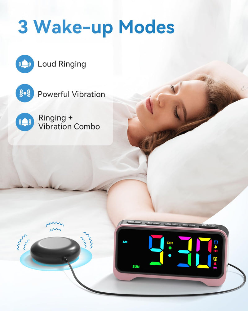 Loud Alarm Clock for Heavy Sleepers Adults, Bed Shaker Alarm Clock with 10-Color Modes/Night Light/USB Charger/7 Dimmer/Battery Backup, Vibrating Alarm Clocks for Hearing Impaired Deaf, Kids, Teens Pink With Bed Shaker