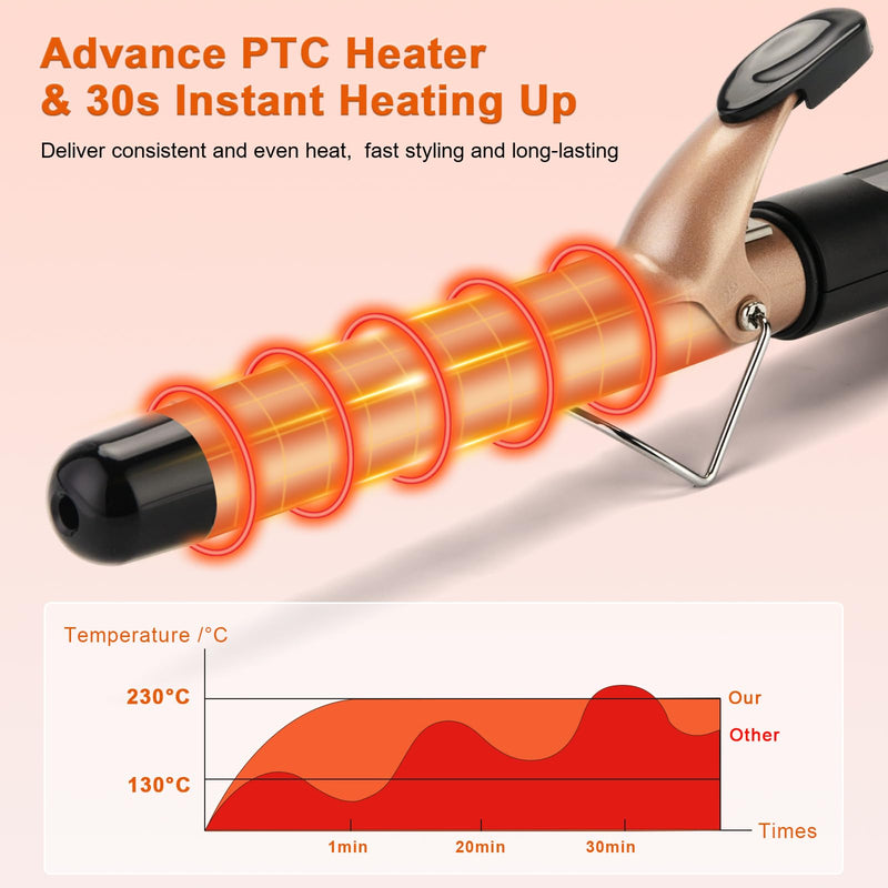 Curling Tongs 25mm for Medium and Long Hair Professional Tourmaline Ceramic Barrel Curler Iron with Clamp Dual Voltage Adjustable Temperature Long-Lasting Results Black