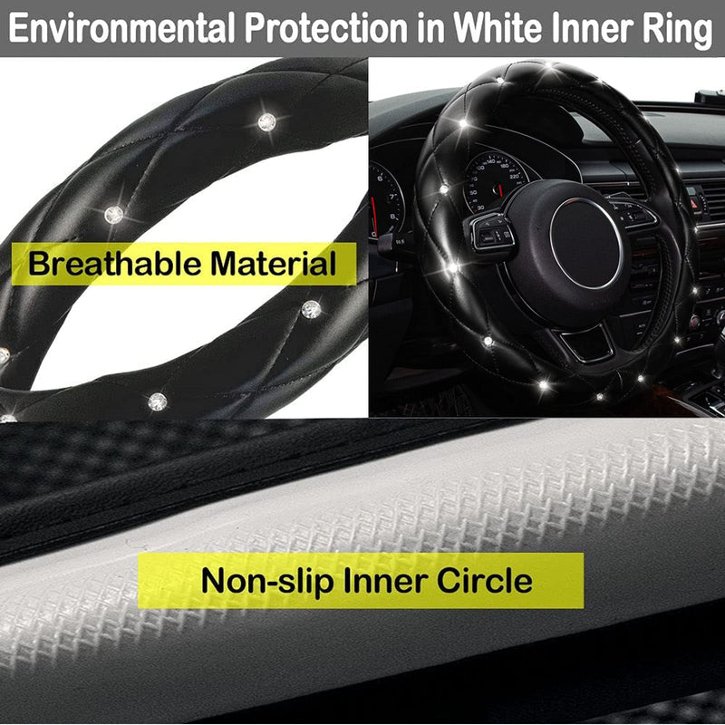 Xizopucy Diamond Leather Bling Steering Wheel Cover, Universal Car Steering Wheel Protector with Crystal Rhinestones Anti-Slip Soft Interior Accessories for Women and Girl Fit 15 inch -Black Black