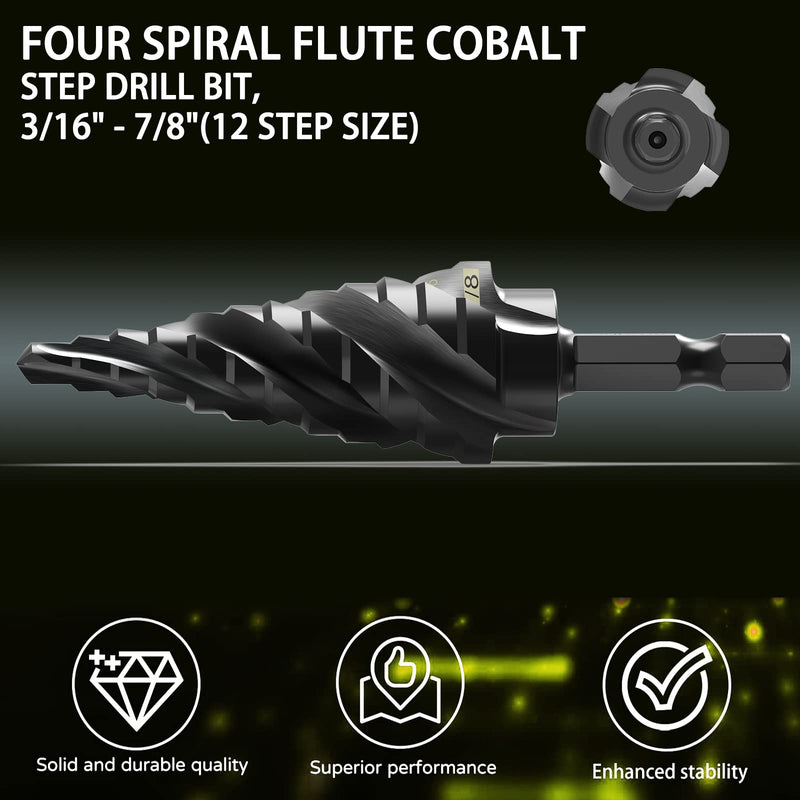 M35 Cobalt Step Drill Bit Four Spiral Flute, 3/16"-7/8" (12 Step Sizes) - Ideal for Metal, Stainless Steel, Wood, Plastic - 1/4" Hex Shank 3/16" - 7/8"