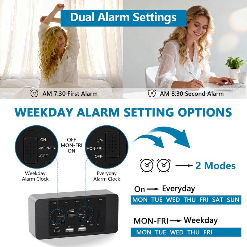 Wooden Digital Alarm Clock for Bedroom - Desk Clock with Date, Day of Week, Temperature, Dual Alarms, Dimmer, USB Port Charge, DST, Adjustable Volume for Living Room/Office Wood Decor (Black) Bl-rectangle