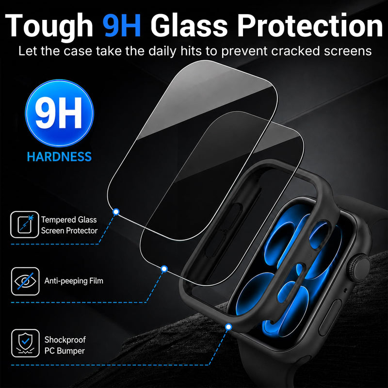 2 Pack Privacy Case for Apple Watch 46mm Series 11 10 | Anti-Spy Touch-Sensitive Tempered Glass Screen Protector, Hard PC Cover, Shatterproof Protective Design, Black 46mm (Series 11 10)