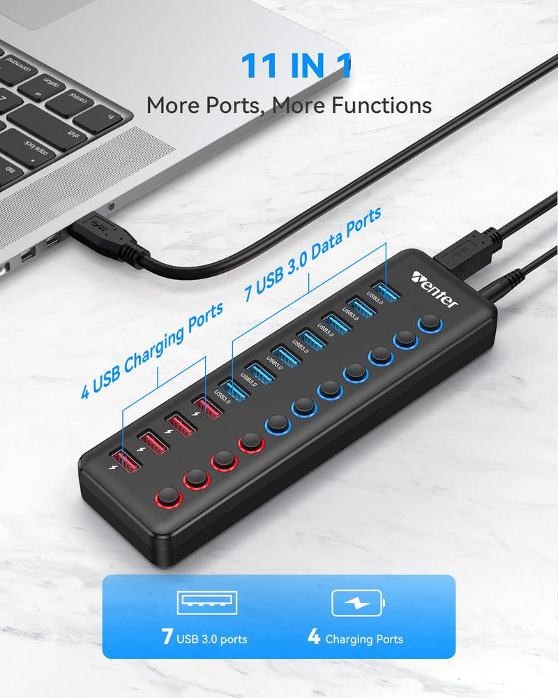 Powered USB 3.0 Hub, Wenter 11-Port Hub Splitter (7 Faster Data Transfer Ports+ 4 Smart Charging Ports) with Individual LED On/Off Switches, Power Adapter for Mac, PC 7+4