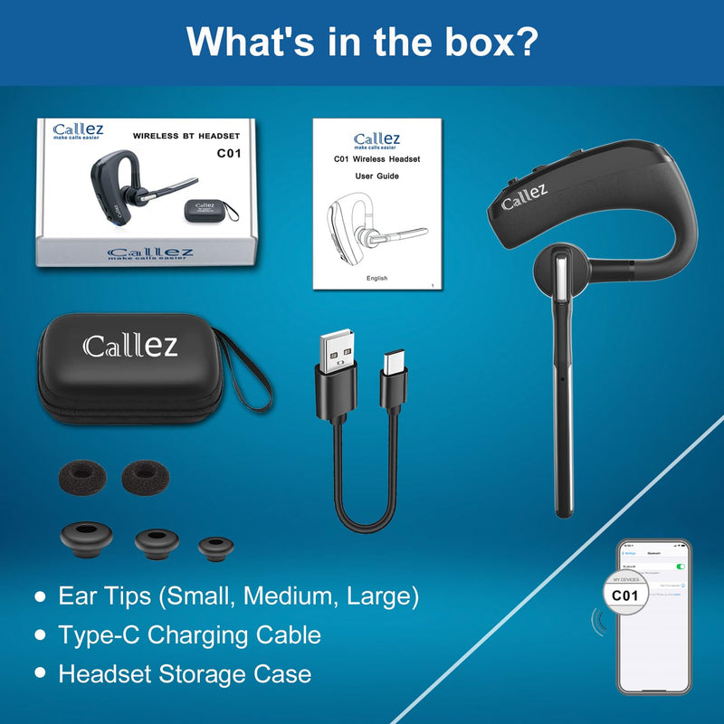 Callez Bluetooth Headset for iPhone Android Cell Phone Trucker Office Work | Bluetooth Earpiece V5.0 with CVC8.0 Dual Mic Noise Cancelling, Mute/Volume Buttons, Hands-Free Wireless Headset for Business Black