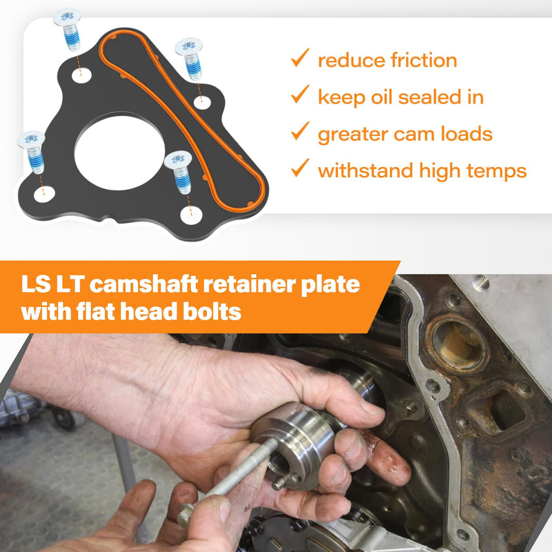 Camshaft Retainer Plate Gasket Steal and Bolt kit Compatible with LS Series All GM LS LT Gen III IV V Engines for LS1 LS2 LS3 4.8 5.3L 6.0L 6.2L Replaces# ARP 134-1003 12589016