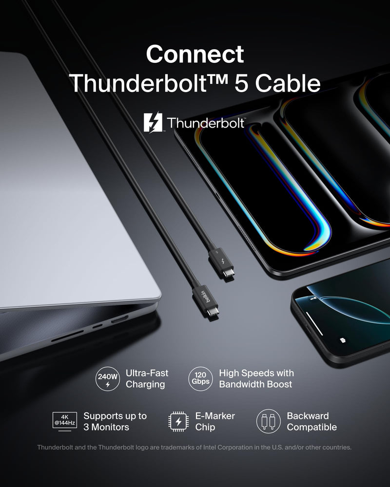 Belkin 3.3ft USB-C Thunderbolt 5 Cable w/ 240W Power Delivery, Bandwidth Boost Up to 120Gbps, 3x Faster Data Transfer, and 4K UHD Display Resolution - Intel-Certified Fast Charging USB-C Cable - Black