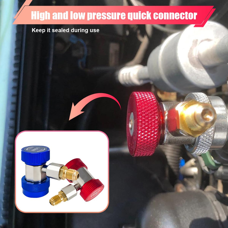 2PCS R134a Quick Coupler Adapter – Adjustable 1/4" Flare High/Low-Pressure Connectors for Car AC System Recharging and Evacuation, Automotive R134a Refrigerant Adapter Hose Fittings Kit