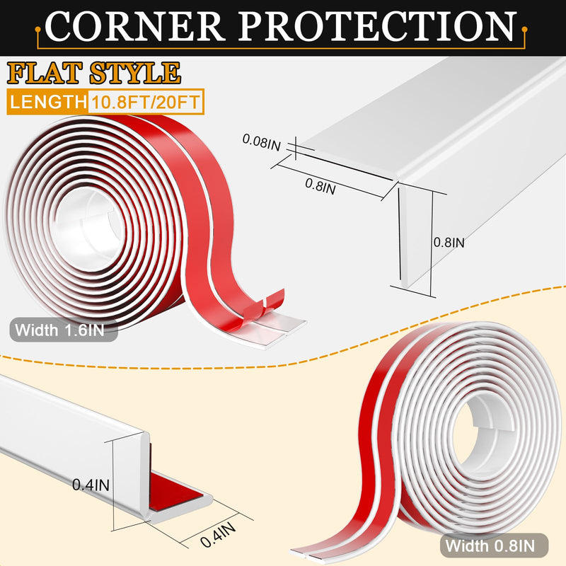 Wall Corner Protector Self-Adhesive Flexible – Durable Rubber, Furniture Edge Guard, Easy to Install, White, Prevents Wall Damage, Ideal for Home or Office Use 1.6in×20ft Flat