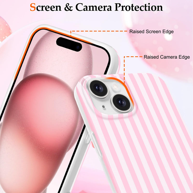 Anuck for iPhone 15 Case Cute Striped Phone Case Girly Aesthetic Vertical Stripe Pattern Design for Women Girls, Soft TPU Shockproof Rubber Bumper Protective Cover for iPhone 15 6.1" - Pink White Pink/White