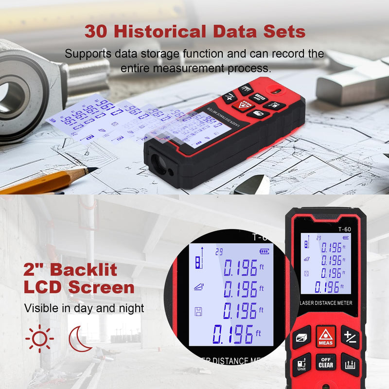 196Ft/60M Laser Distance Meter, ±1/16 Inch High Accuracy Laser Measurement Tool with Backlit LCD Display, Pythagorean/Area/Volume Calculation Mode, M/in/Ft Units, Bubble Level, Durable Design