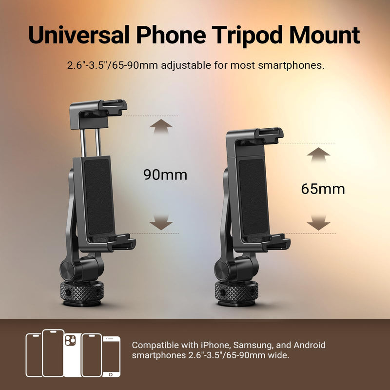 NEEWER GA010 Phone Tripod Mount, 65–90mm Adjustable Phone Clamp Holder with 1/4" Thread, 180° Tilt, 360° Swivel, Cold Shoe Accessories Compatible with iPhone 17 Pro Max Samsung S26 Ultra & More