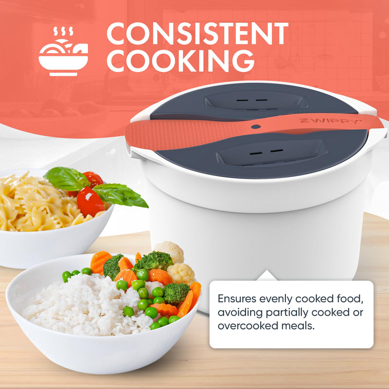 Microwave Rice Cooker Steamer and Pasta Cooker with Strainer - Mess-Free Design, Dishwasher Safe, Cooks Up to 8 Cups Zwippy v2.0