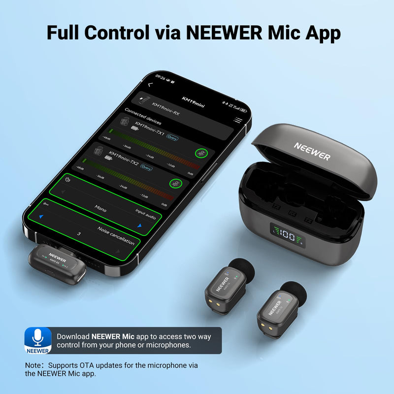 NEEWER KM19 Wireless Lavalier Microphone Compatible with iPhone 17 16, Gray | Compatible with iPhone Android & PC, Mini Lav Mic, App Control, 3 Level Noise Cancelling, 30h Battery, 100m, Video Recording