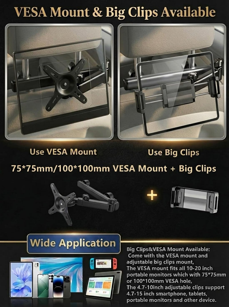 Heavy Duty Car Headrest Mount for 15.6" Portable Monitor, 2-in-1 VESA&Clip Tablet Holder for 4.7-20" Screens, Backseat Gaming Holder Compatible with Monitors, iPad, Stable Road Trip Stand for Kids