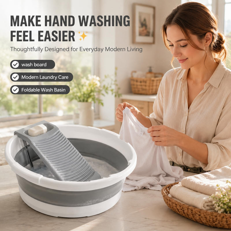 Washboard Basin for Hand Washing Clothes, 8 Gallon Collapsible Laundry Tub with Detachable Washboard, Dual Drain Design, Foldable Utility Wash Basin for Apartment, RV, Camping, Travel & Small Spaces Gray White 20"x20"