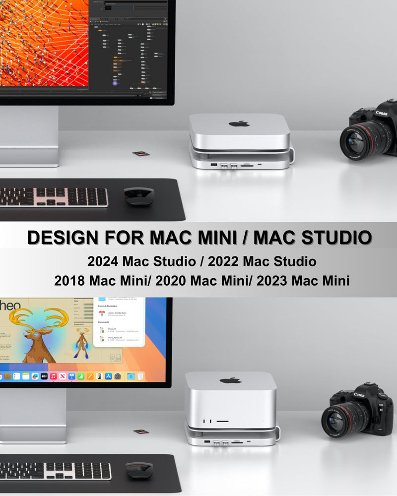 Mac mini Studio Dock and Stand, Hub with SSD Enclosure for NVME/SATA M.2, 4K HDMI Adapter 10Gbps USB A/C Port, TF/SD Card Reader, Dock for Mac mini M1/ M2 and Mac Studio 2024 | Accessories