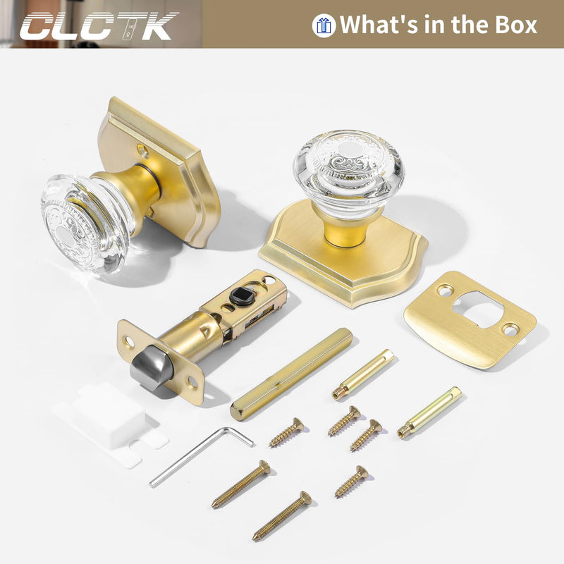 Gold Crystal Glass Door Knob Interior, Brushed Gold Passage Door Knobs for Closet Hall, Satin Brass Passage 1 Pack