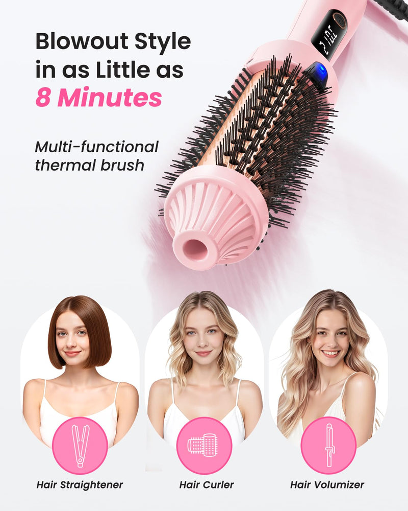 Haokoo Thermal Brush 38mm for 8-Min Blowout Volume, Lightweight Hot Brush | Heated Styling Brush for Soft Curls & Smooth Hair, Ionic Anti-Frizz, 6 Heat Settings, Dry Hair Only, for Daily, Work & Travel Pink01