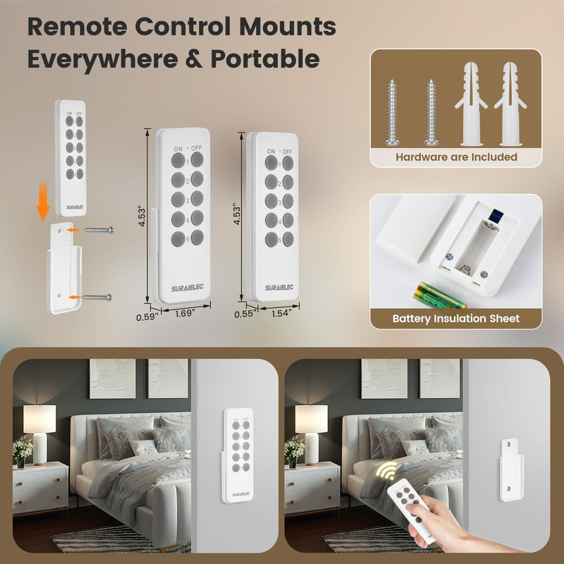 SURAIELEC Remote Control Outlet, Wireless Remote Light Switch, 100 FT, 15A/1875W, Expandable Indoor Compact Side Outlet Plug for Lamps, Fans, Christmas Trees, Small Appliances, 5 Outlets + 2 Remotes White Handhold Remote 5 Outlets
