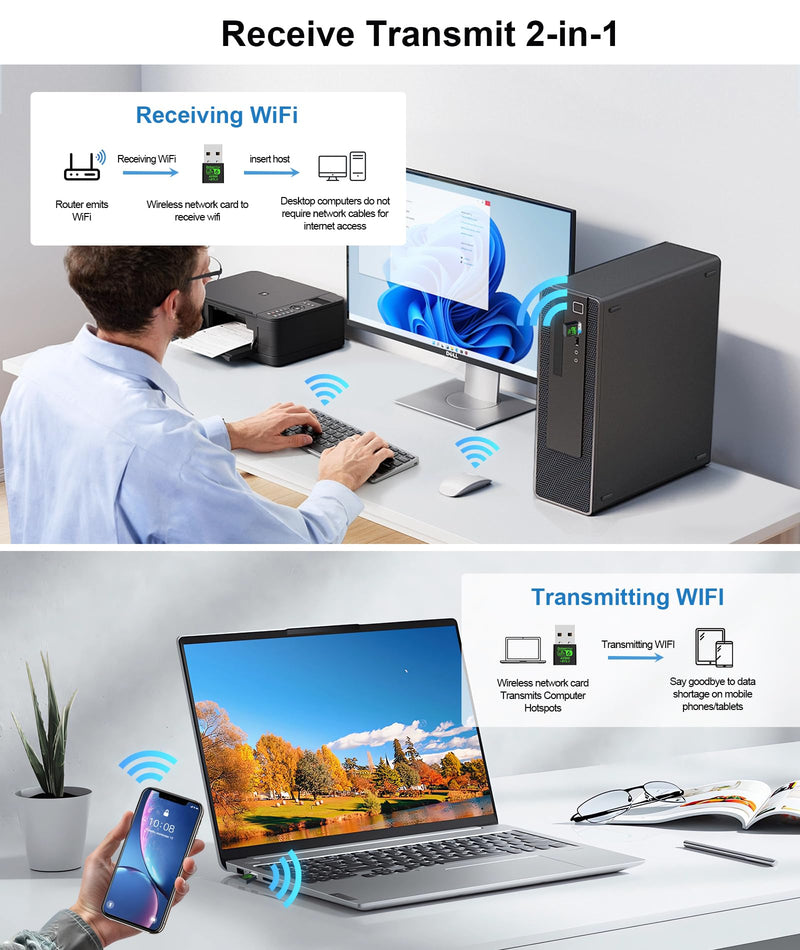 AX900M USB WiFi 6 Adapter for Laptop,2 in 1 Bluetooth 5.3 Dual Band 5/2.4Ghz Wireless Network Adapter,Built-in Driver for PC/Laptop/Desktop 4dBi Antenna Compatible with Windows 10/11 AX907B
