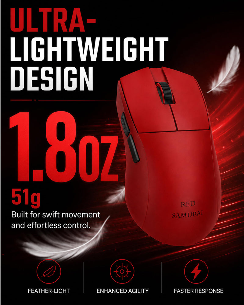 RED SAMURAI Wireless Gaming Mouse, 51g Ultra-Light, Tri-Mode,Red | Ultra-lightweight 51g body, Tri-mode BT/2.4G/USB-C wired, 26K DPI precision optical sensor, 1000Hz polling rate Red
