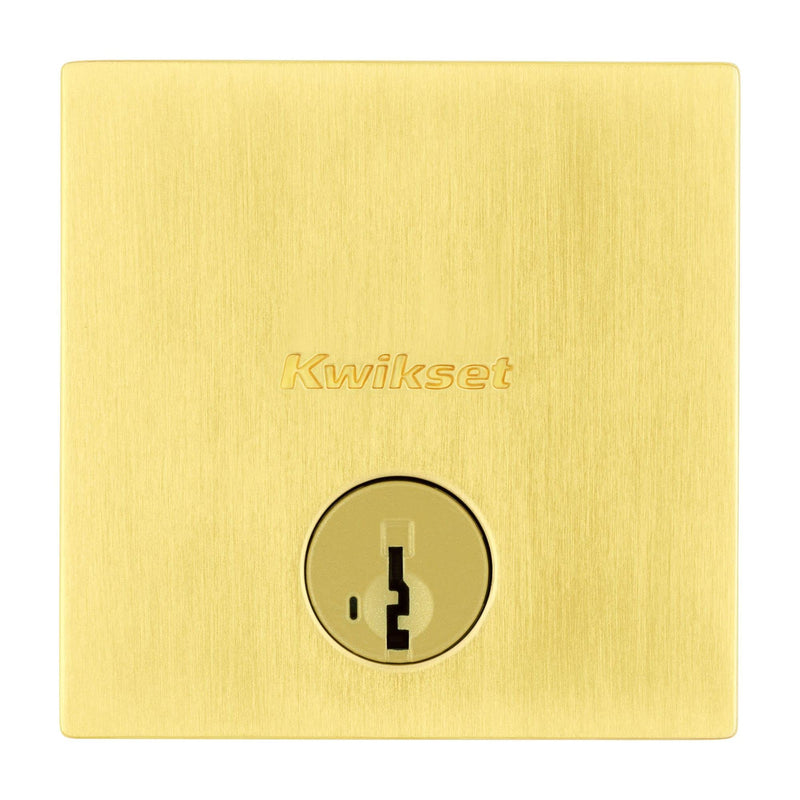 Kwikset Downtown Deadbolt Lock, Satin Brass Square Exterior Keyed Front Entry Door, Pick Resistant SmartKey Rekey Security, Single Cylinder Dead Bolt, with Microban Protection (Pack of 1)