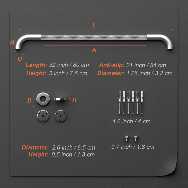 Brushed Nickel Shower Grab Bars 32 Inch, Anti Slip Grab Bar with Knurled Grip, Stainless Steel Bathroom Safety Balance Handrail, Wall Mounted Handicap Bar for Elderly, Textured Senior Grab Bar Handle Brushed Nickel
