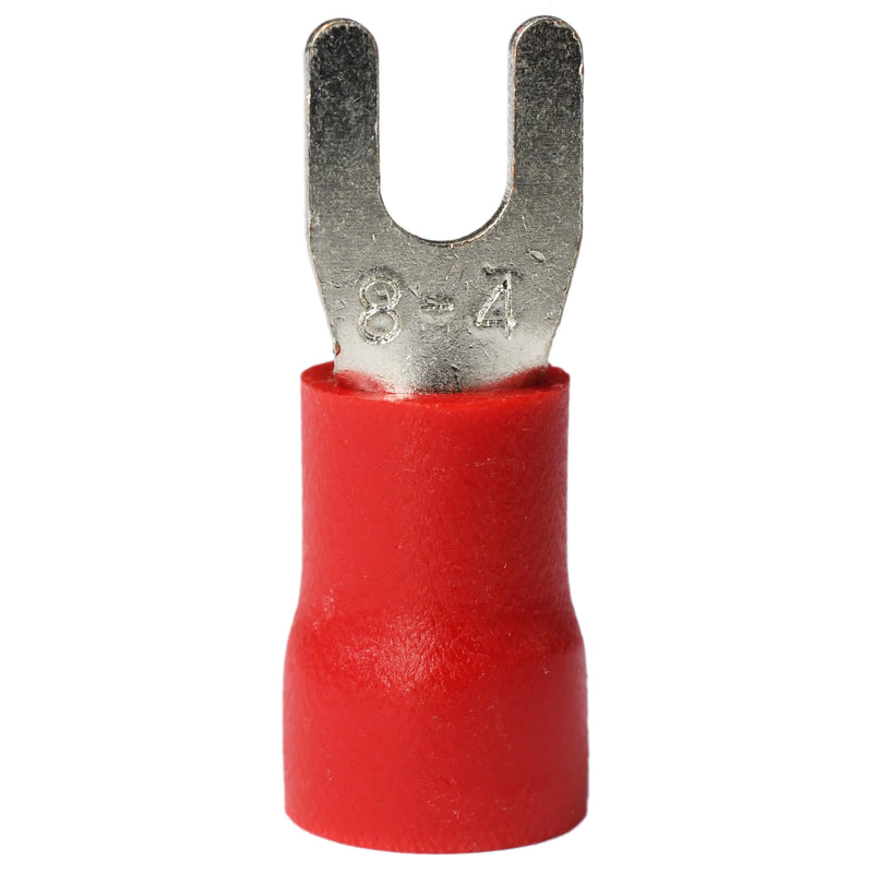 PAPUGA 100PCS 8 AWG (10 mm²) #8 / M4 (4 mm) Fork Spade Crimp Connector, PVC Insulated, 600V 62A, CE & RoHS Industrial Terminal High Current Connector, Control Panels M4 or #8 100