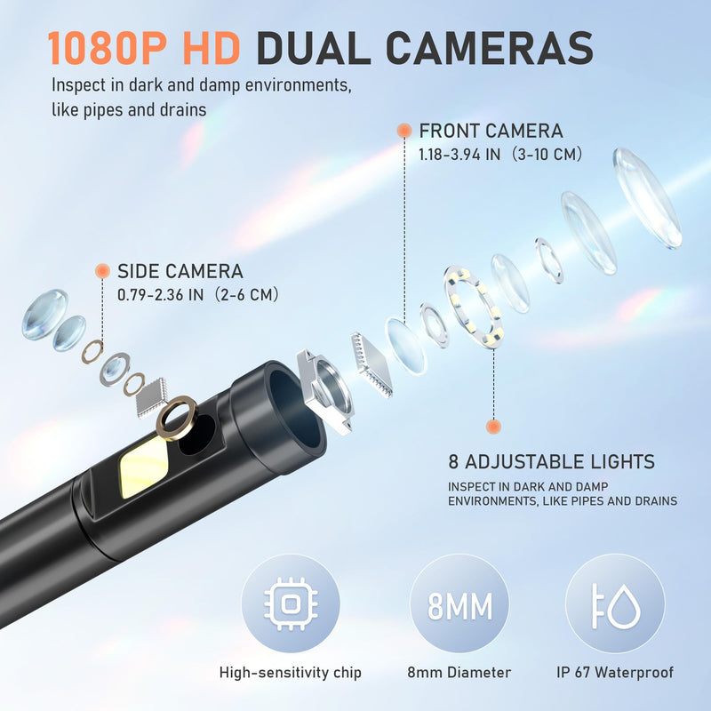 5" Dual Lens Endoscope Camera, 1080P HD Borescope with Light, 16.5FT Flexible Cable, IP67 Waterproof Snake Camera for Plumbing, Wall, and Automotive Inspections 5"Dual Lens