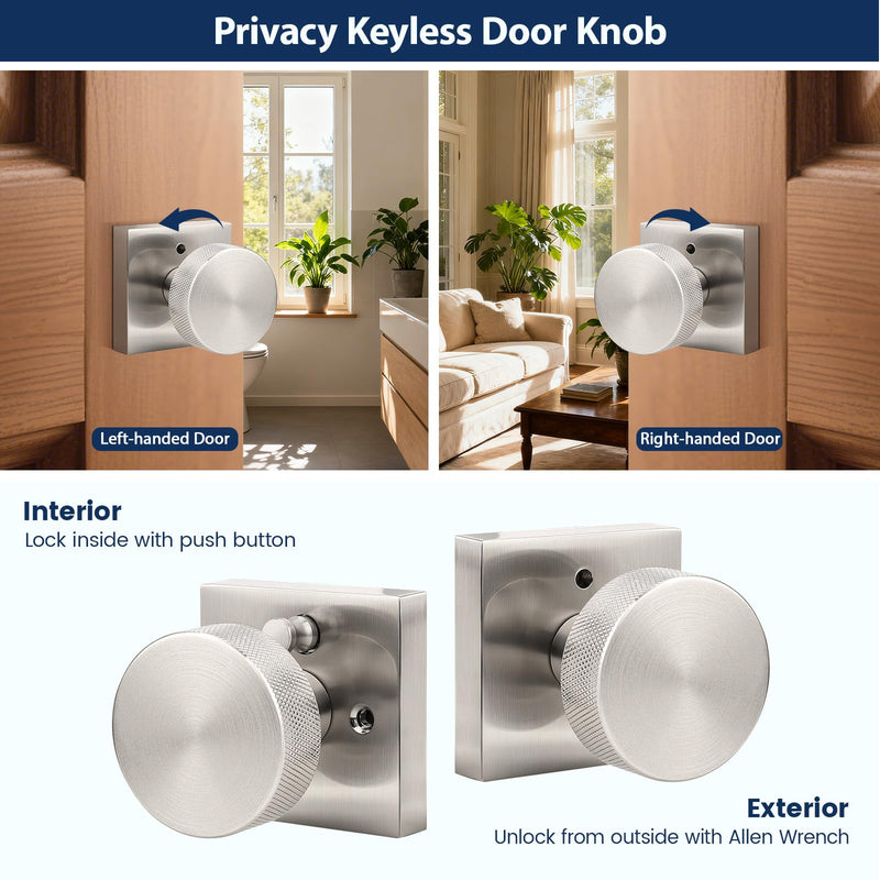 Orger Brushed Nickel Privacy Door Knobs Interior, Zinc Alloy Keyless Stain Nickle Door Knobs with Lock for Bedroom and Bathroom, Knurled Heavy Duty Silver Square Base Modern Doorknobs, 1 Pack