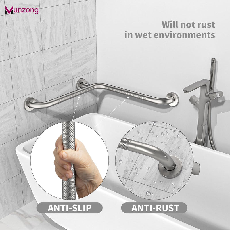 16 Inch Angled Shower Grab Bar, Munzong Anti Slip Satin Brushed Nickel Bathroom Grab Bar, L-Shaped Knurled Balance Bar, Safety Hand Rail Support Handicap Elderly Injury Senior Assist Bath Handle