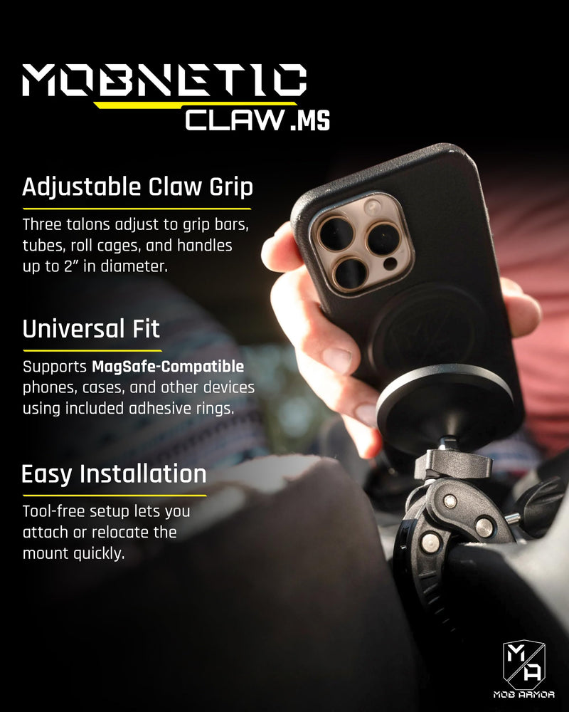 Mob Armor MobNetic Claw .MS MagSafe Compatible Claw Phone Mount – Adjustable Grip for Tubes 0.25‑2", Iron‑Strong Magnetic Hold, 360° Spin & 50° Tilt for Trucks, Work Rigs, Cars & Closed Cabs