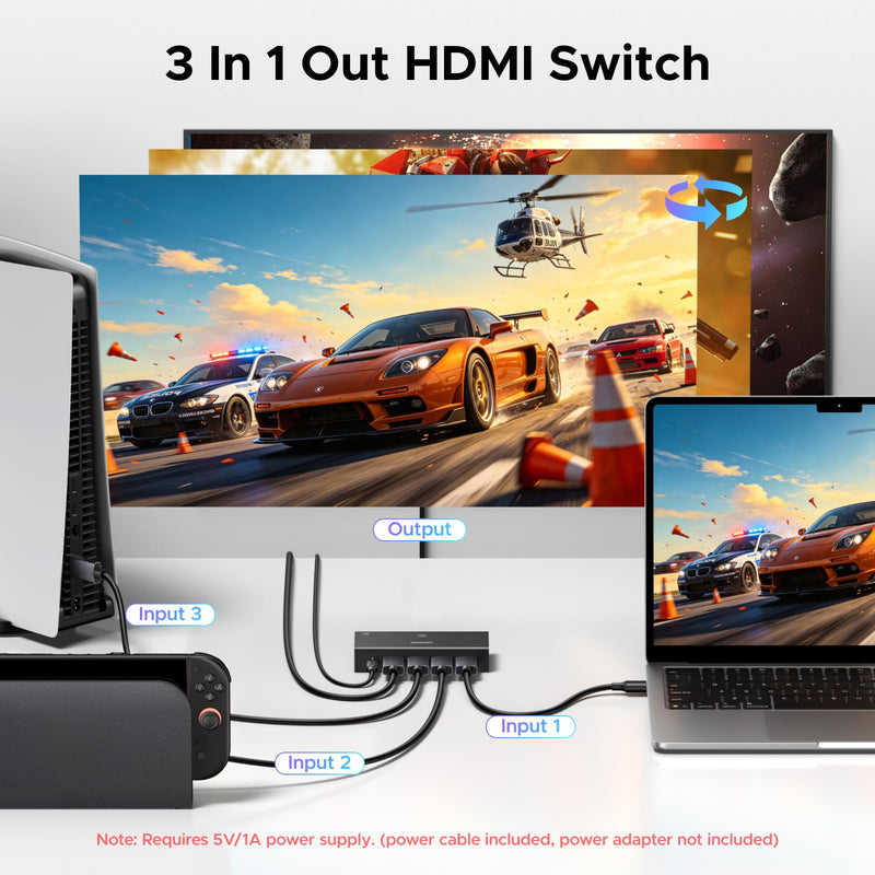 UGREEN 8K@60Hz HDMI 2.1 Switch 3 in 1 Out, with Remote, VRR, 4K@240Hz | Ultra HD, Support G-Sync, Free Sync, HDR10+ HDCP 2.3, HDMI Splitter, Compatible with PS4/PS5, Xbox, Switch, Roku, Fire Stick