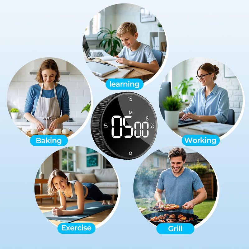 Rechargeable Magnetic Kitchen Timer for Cooking, Building 800mAh Battery Large Display Digital Countdown Countup Timer, 3 Preset 5/15/25 Mins Loud Alarm for Baking Grilling Studying Glossy Black 1