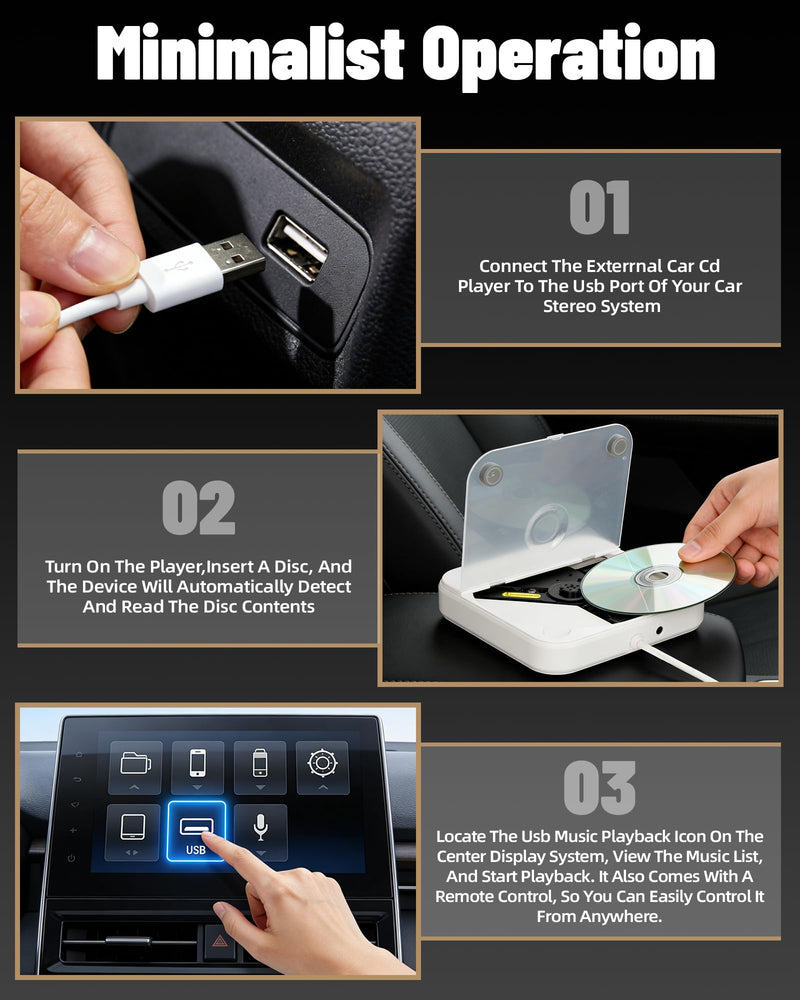 Portable CD Player for Car, Plug and Play with USB/AUX Port | External CD Player Compatible with Car Stereo, Laptop, TV, Computer and Android 4.4 and Above Navigation(White)