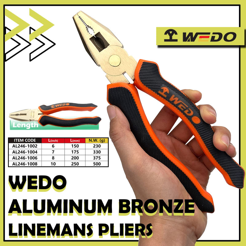 WEDO Non-Sparking Lineman's Pliers 6", Spark-free Safety Side Cutter Linemans Pliers, Combination Pliers, Wire Stripper, Crimper, DIN Standard, BAM & FM Certificate, Aluminum Bronze 6“