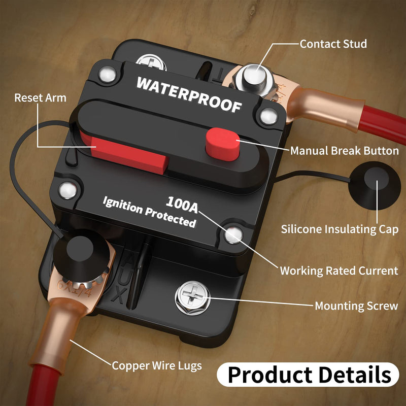 DaierTek 100 Amp Circuit Breaker 12V - 48V, DC 12 Volt Circuit Breaker 100A Inline with Manual Reset Waterproof for Marine Boat Trolling Automotive Car RV ATV Audio-2Pack CB-03
