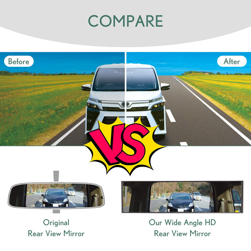 14" Wide Angle Rearview Mirror, Anti-Glare Clear Tint, Clip-on Flat Interior Mirror for Car SUV Truck – Universal Fit with Adjustable Clamps, Lightweight Design (Not Panoramic) 14" 1-pack