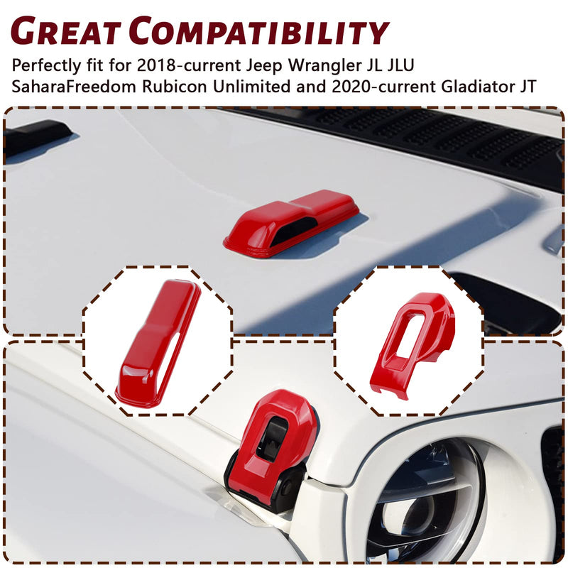 Hood Latch Lock Catch Brackets Cover and Engine Hood Hinge Cover Set, for 2018-2021 Wrangler JL JLU & 2020-2021 Gladiator JT Exterior Accessories Decoration Stickers 4PCS (Red） Red