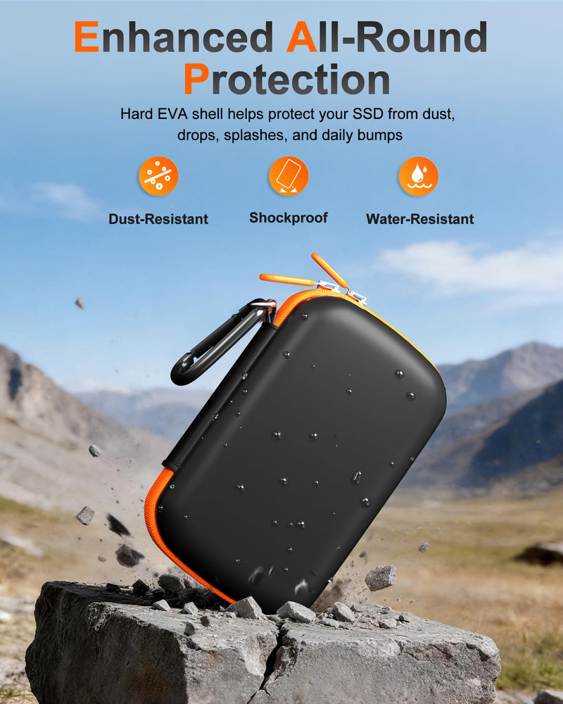 ProCase Hard Case for SanDisk Extreme Portable SSD V3 New Model SDSSDE70 | EVA Shockproof Travel Carrying Case with 2 SD Card Slots & Mesh Pocket, Fits 1TB 2TB 4TB, Hard Drive Case, Orange Black