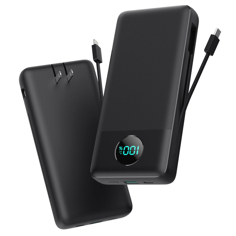 Portable Charger 33800mAh USB C Power Bank with Built-in Cables & AC Wall Plug,25W Fast Charging+QC 4.0 Phone Charger,4 Output LCD Display Battery Pack Compatible with iPhone15/14,Samsung,Android etc Black